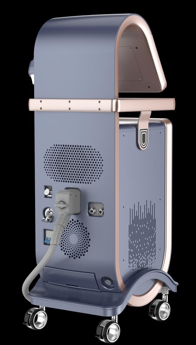 Diode laser machine rear view — ventilation, power input, water connections, and cable management