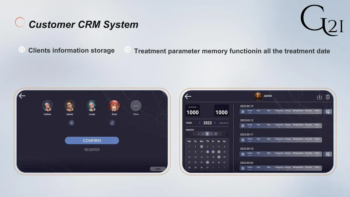 Built-in CRM system touchscreen showing client management interface on the diode laser machine