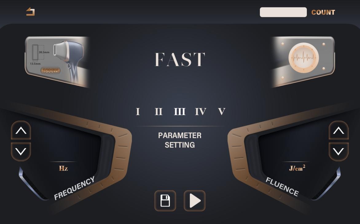 Diode laser Fast mode touchscreen — parameter setting with five skin tone levels and shot counter