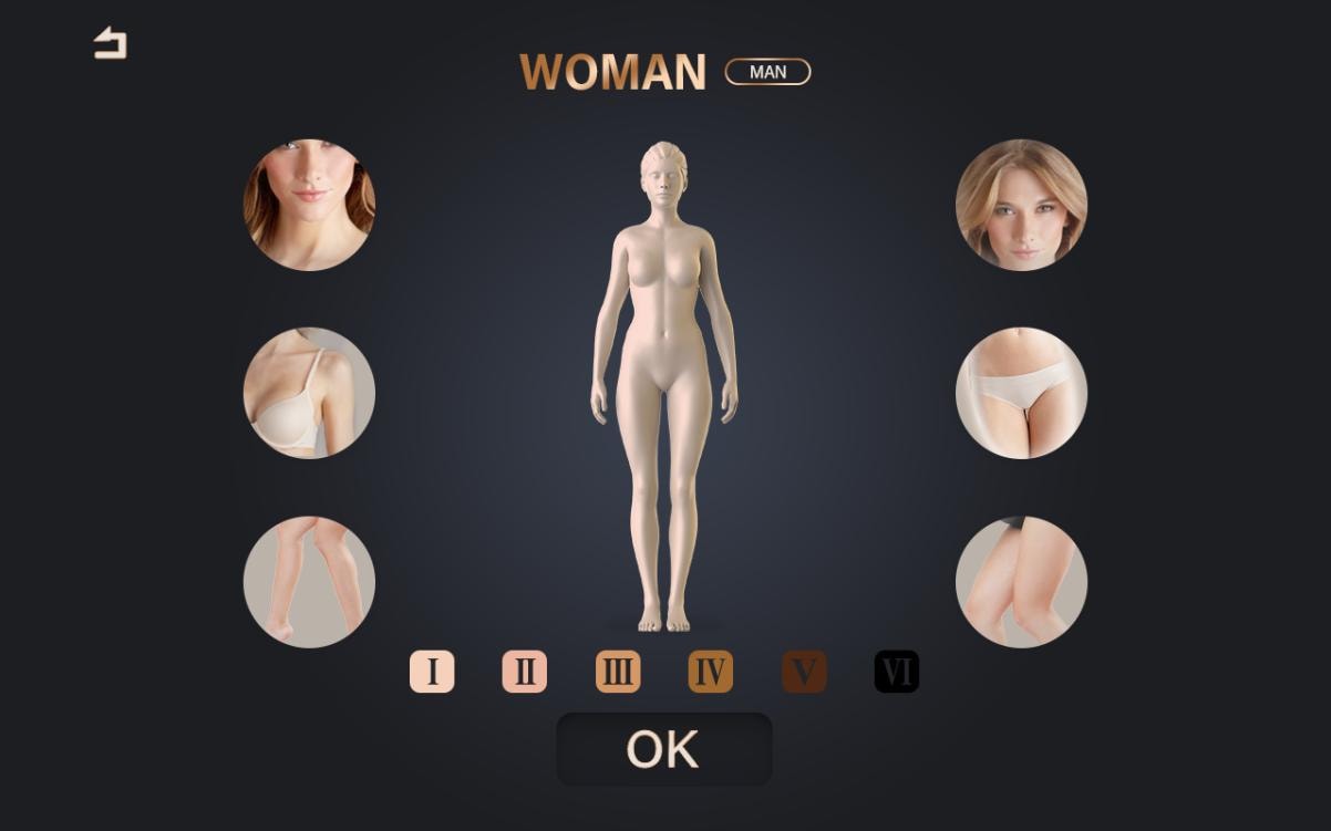 Diode laser touchscreen showing client skin type selector — Fitzpatrick I through VI with body area selection for woman or man